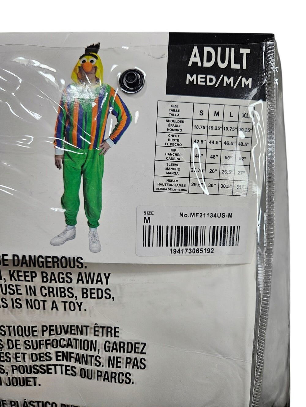Sesame Street Men’s Green Yellow Purple Orange Striped Bert Onesie Costume M - Picture 12 of 12